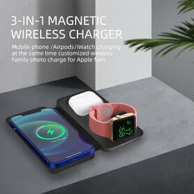 A fast three-in-one wireless charging station that is foldable and magnetic.