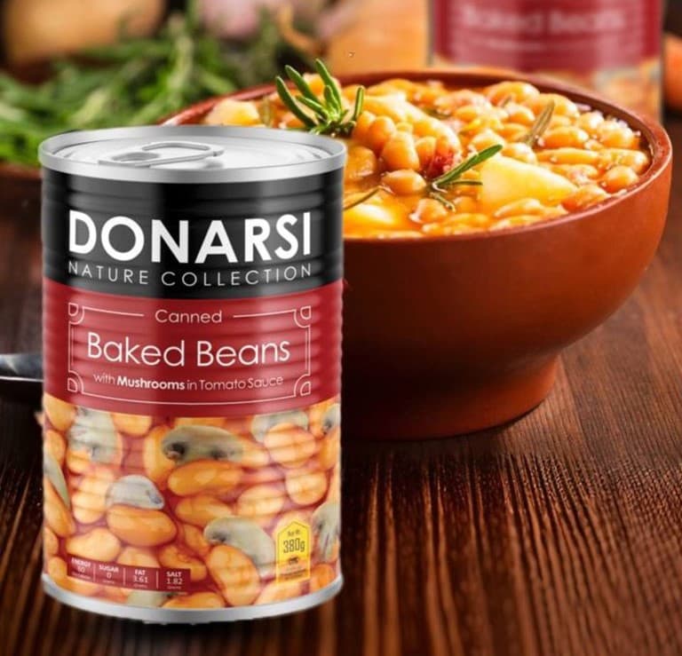 Conserva de comida de frijoles y champiñones Donarsi; una opción saludable y deliciosa para comidas rápidas.