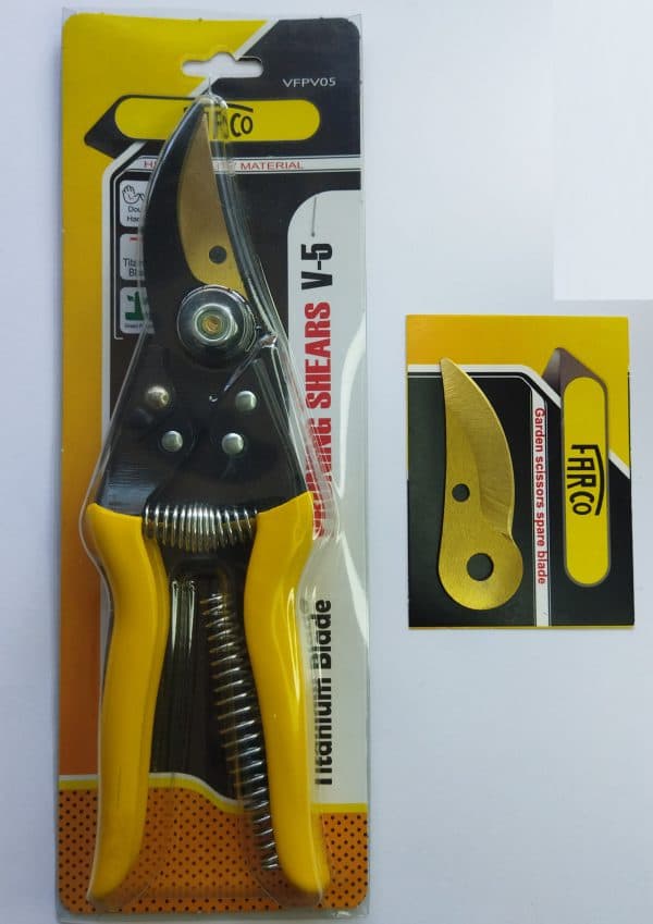 Farko model V5 yellow gardening scissors with an extra spring and a spare blade.